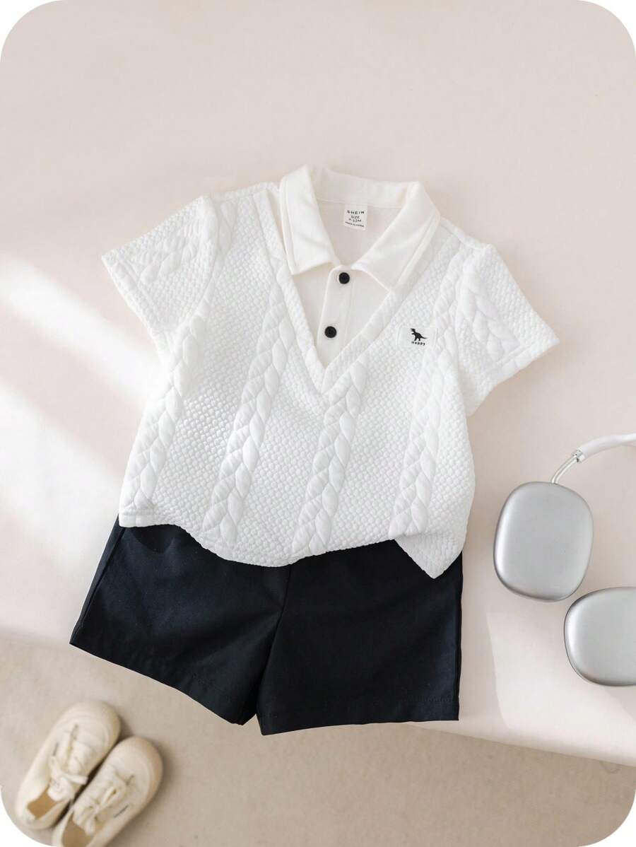 SHEIN Baby Boys Spring/Summer 2pcs Cute Polo Shirt & Elastic Waist Shorts Set, Suitable For Birthday Party, Evening Event, Performance, Wedding, Baby Shower, Christening, First Birthday Celebration