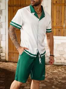 Manfinity Homme Plus Size Men Summer Resort Tropical Palm Tree Print Cuban Collar Short Sleeve Shirt Set - Multicolor - View 5