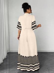 Elenzga Plus Size Print Tie Up 2 In 1 Dress Habesha Kemis - Apricot - View 2