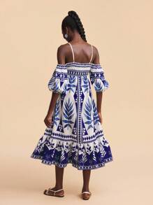 Travachic Vestido de manga larga con estampado de plantas tropicales, hombros descubiertos y mangas altas para mujeres, adecuado para vacaciones - Azul - Ver 2