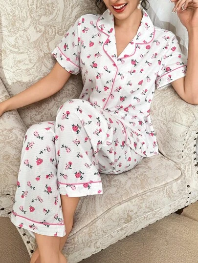 CottageSlumber 浪漫碎花翻领短袖长裤女士睡衣套装