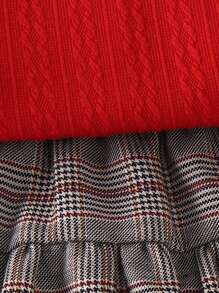 SHEIN 三件套女童优雅时尚套装：白色长袖休闲衬衫、红色针织背心和格子裙，适合上学、上班和秋季穿着。 - 紅色 - 查看 6