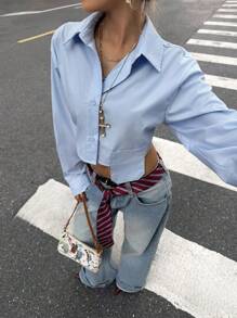 SHEIN Loose Casual Simple Comfort Asymmetrical Hem Long Sleeve Shirt For Teen Girls - Blue - View 5