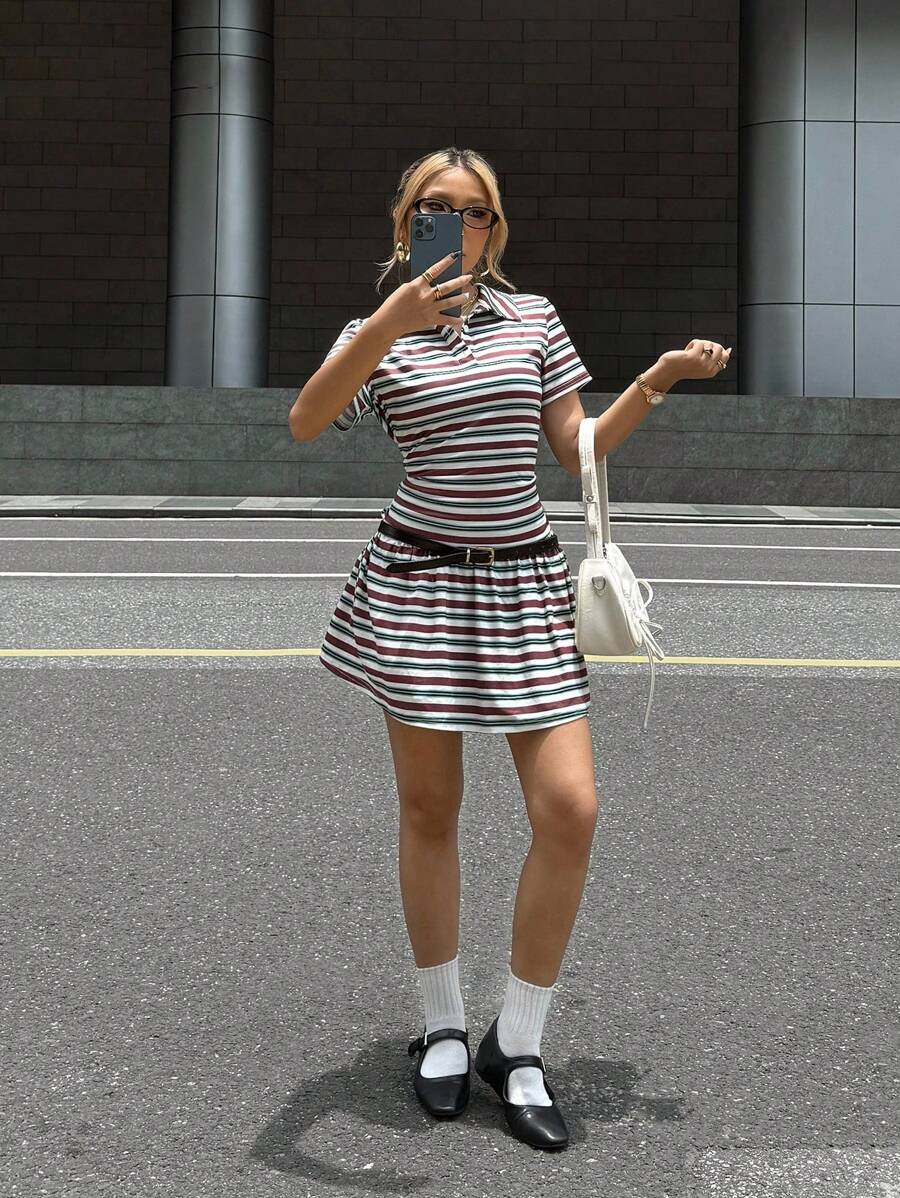 SHEIN Robe mini décontractée et confortable à rayures avec col et taille cintrée, rentrée scolaire pour adolescentes - Vert - Voir 1