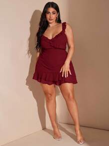 SHEIN BAE 大码女式浪漫性感 V 领甜美可爱优雅百搭约会夜红色荷叶边下摆迷你连衣裙，夏季海滩度假派对短裙 - 酒紅色 - 查看 5