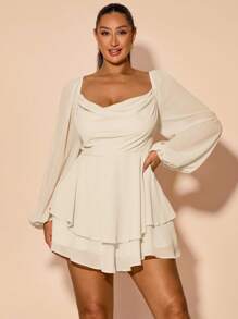 SHEIN BAE 大码女式春夏垂坠领荷叶边开叉长袖连体裤，甜美性感迷你连体裤，适合节日穿着 - 杏色 - 查看 3