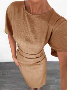 Siren Gaze 女士夏季纯色亚麻混纺连衣裙 - 棕色 - 查看 5