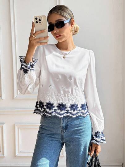 Serisse Blusa casual de vacaciones para mujer con bordado floral