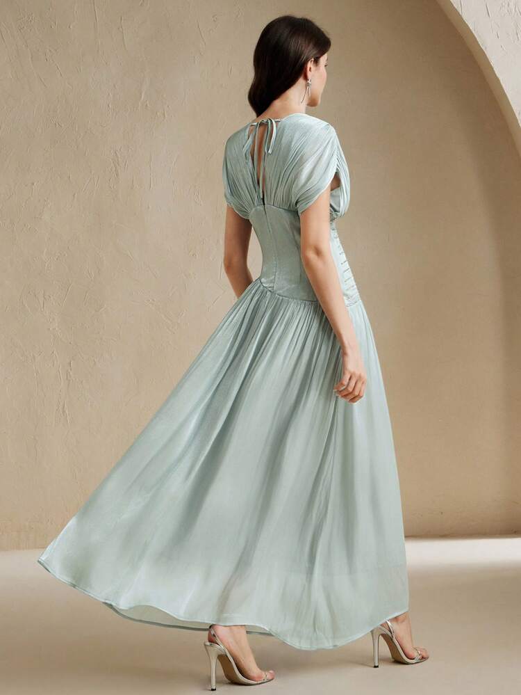 Women's Summer V-Neck Short Sleeve Beaded Chain Pleated Waist Elegant Long Dress