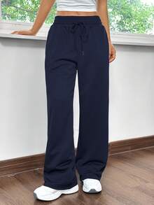 SHEIN EZwear 海军蓝直筒宽松休闲运动裤，适合居家和运动 - 藏蓝色 - 查看 6