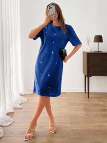 Women Rhinestone Embroidery Detailed Mini Sweat Dress - Blue - View 5