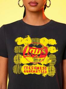Lay's X SHEIN Women's Black Letter Graphic Round Neck Short Sleeve T-Shirt - Grey - View 6
