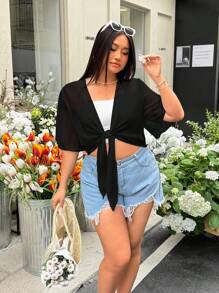 GalTyme Plus Size Black Sheer Lightweight Jacket, Minimalist Style Suitable For Summer - Black - View 4