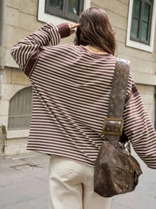 Bohemela 大码女式条纹圆领落肩长袖休闲T恤