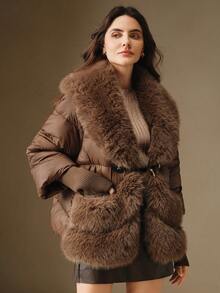 Anewsta Women's Luxurious Faux Fur Collar Lantern Sleeve Thickened Fashion Jacket - Brown - View 8