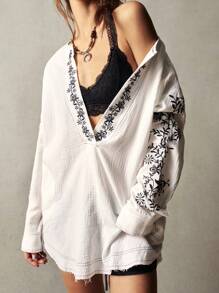 Bohemela Áo sơ mi cổ khoét thêu họa tiết cây cỡ lớn dành cho kỳ nghỉ - trắng - Xem 2