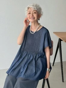 FRIFUL 女式纯蓝色圆领短袖后扣褶皱宽松休闲百搭牛仔衬衫，适合机场、度假 - 藍色 - 查看 3