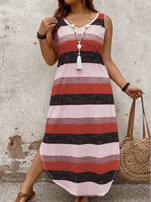 SHEIN PETITE 女式大码休闲条纹连衣裙，春夏
