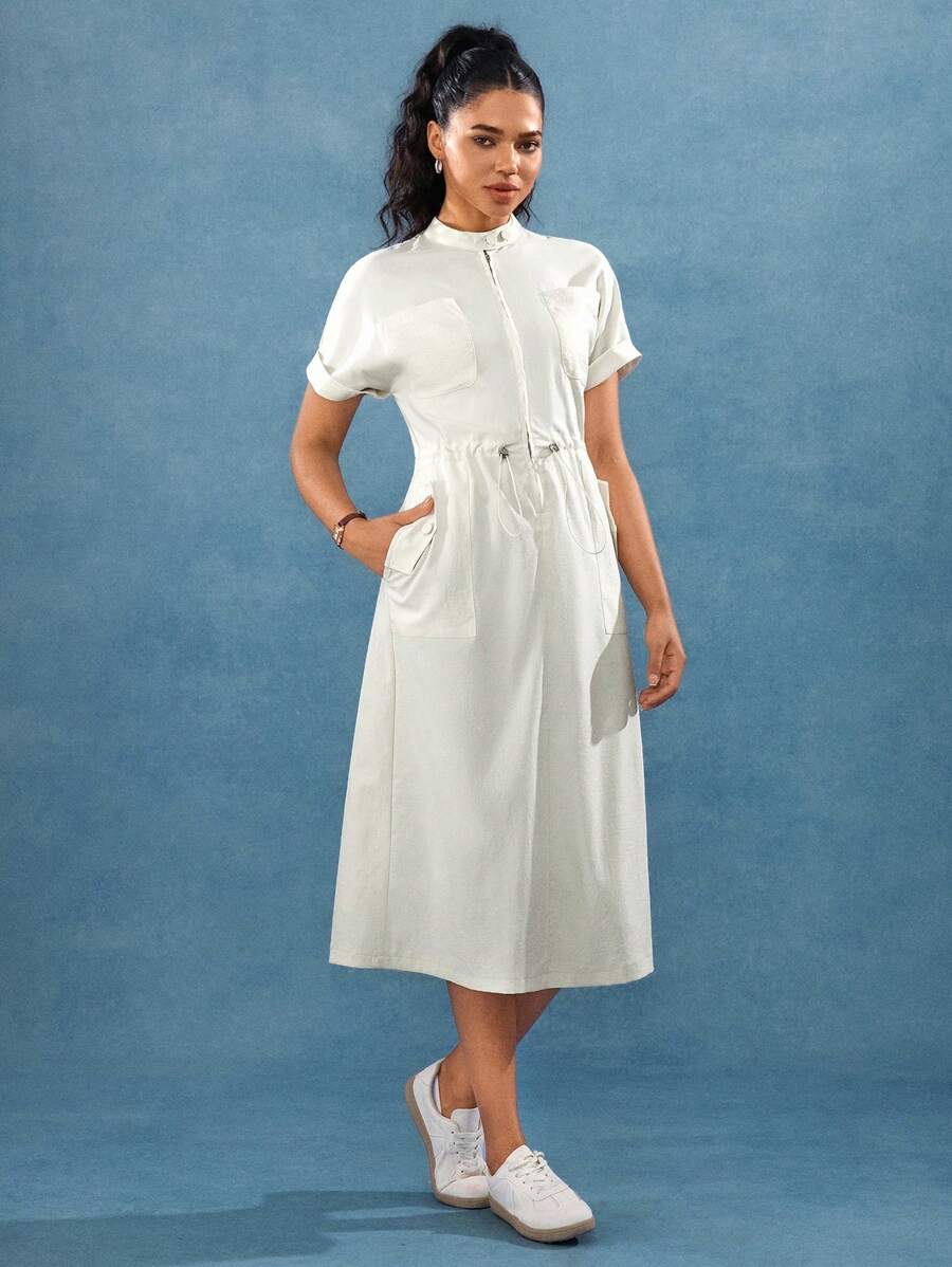 Hanevo 珍珠白短袖女式束腰前扣运动休闲连衣裙 - Pearl White - 查看 1