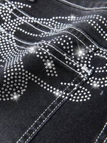 ROMWE Grunge Punk Women's Casual Washed Rhinestone Flared Jeans - Black - View 4