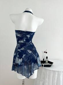 SHEIN Unity 海军蓝腰果印花低胸系带不对称下摆优雅女士度假夏装