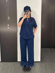 SHEIN Conjunto de sudadera de cuello redondo de manga larga y pantalones deportivos cómodos, casuales y holgados para adolescentes - Neblina azul - Ver 4