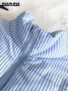 少女棉袄，休闲百搭，蓝白条纹短款棉袄，秋冬 - 藍色 - 查看 4