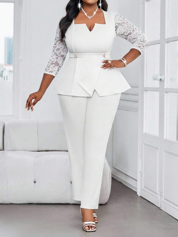 SHEIN Lady Plus Size Women Contrast Lace 3/4 Sleeve Blouse & Pants Elegant 2-Piece Set Fall Women Clothes Teacher Outfits Business Casual Woman