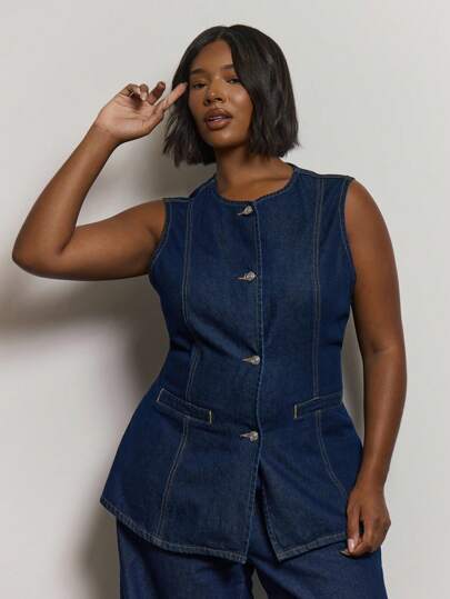 MUSERA Plus mouwloze denim top met knoopjes, schattig, zomers, elegant, donker gewassen, stijlvol, romantisch, curve, collectief, terug naar school