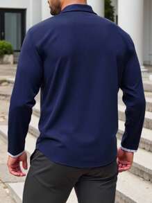 Manfinity Homme 男士加大码休闲前扣长袖正装衬衫，通勤装，秋季 - 藏蓝色 - 查看 2