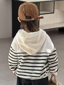 DAZY Young Boys Casual Loose Fit Striped Fleece Sweatshirt, Street Style For Autumn, Winter - Black and White - View 12