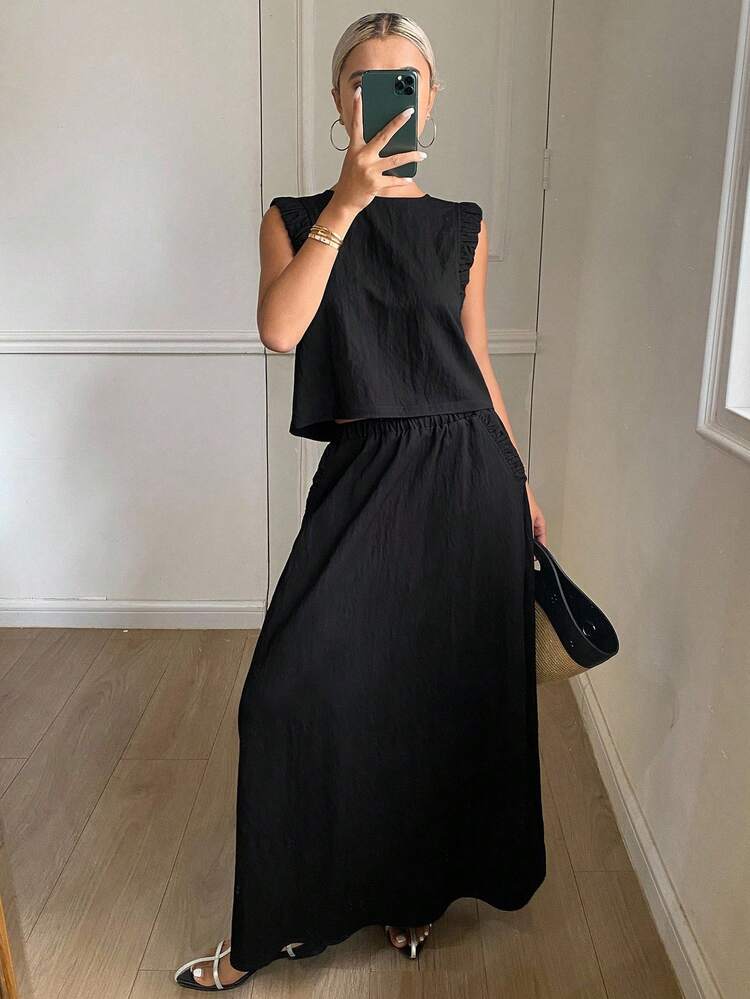 Solid Color Form-Fitting Pleated Sleeveless Crop Top And Elastic Waist Skirt Set, Casual For Summer Holiday