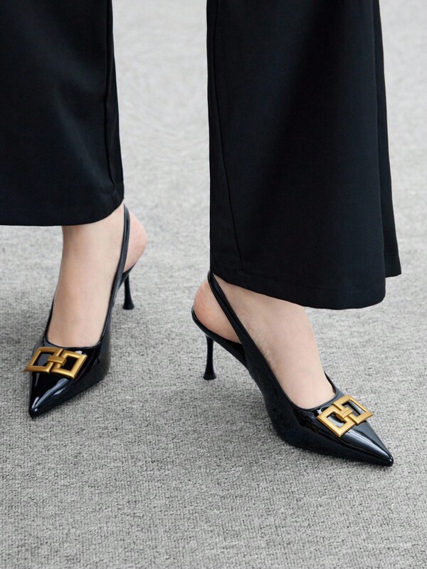 CUCCOO BIZCHIC Women's Pointed Toe High Heel Pumps With Ankle Strap And Bronze Buckle Details, Black Open Back Dress Shoes, Elegant Office Wear