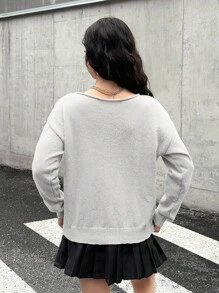 SHEIN 少女纯灰色黑色星形图案宽松毛衣，可转换不对称领长袖针织套头衫，适合返校、秋季、Y2K、万圣节、荧光色、秋季、假日/返校/开学第一天/返校/开学第一天冬季 - 灰色 - 查看 2