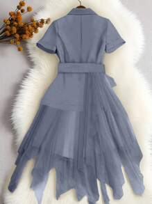 Áo khoác nữ thanh lịch, cổ ve áo giản dị, lưới vá viền bất đối xứng, thắt lưng, nhẹ, mùa hè - Màu xanh bụi bặm - Xem 2