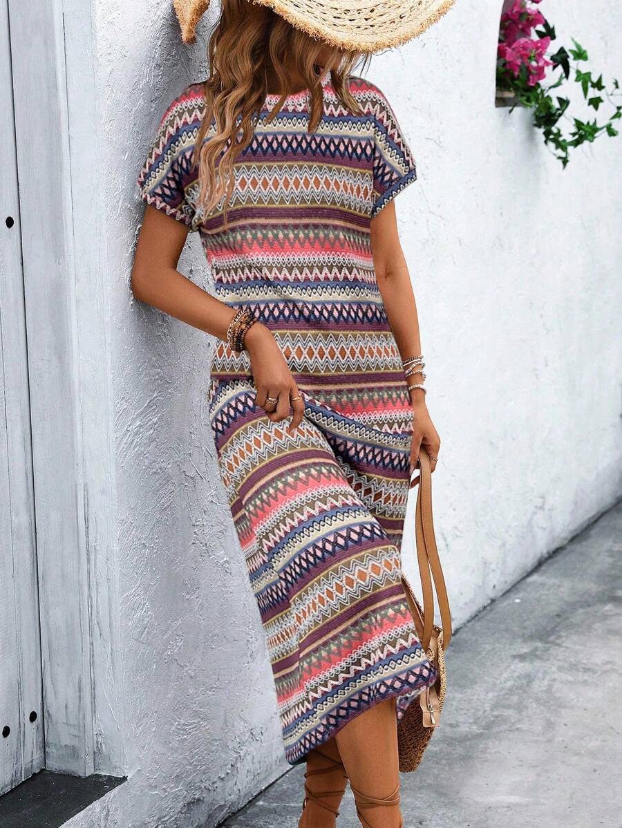 EMERY ROSE Women Fashionable Colorful Striped Short Sleeve Dress Maxi Women Outfit - Purple - View 1
