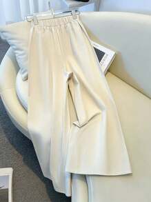 Franclia 女士时尚优雅纯色褶皱高腰阔腿裤休闲套装春季大学秋季服装女装 - 杏色 - 查看 2