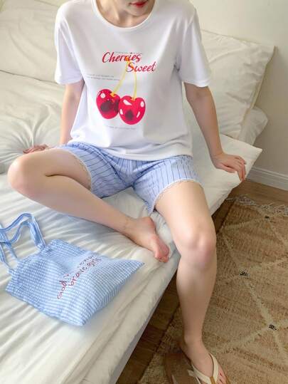 可爱樱桃印花白色圆领短袖上衣和蓝色条纹短裤两件套少女休闲家居服套装