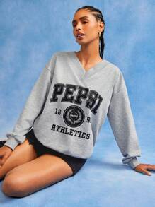 PEPSI X SHEIN 女式字母图案V领休闲长袖运动衫 - 灰色 - 查看 1