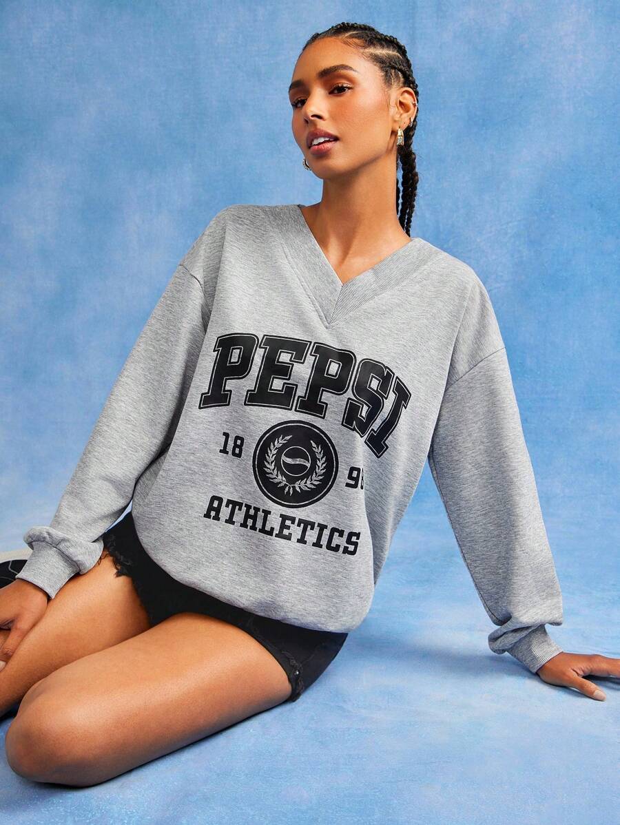 PEPSI X SHEIN 女式字母图案V领休闲长袖运动衫 - 灰色 - 查看 1