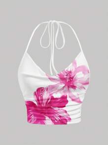 SHEIN EZwear 休闲简约粉色印花系带领镂空修身衬衫，夏季百搭 - 彩色 - 查看 5