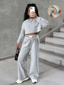 SHEIN 青少年女孩灰色宽松落肩荷叶边运动衫，字母腰带运动裤套装，适合日常、居家、上学休闲装