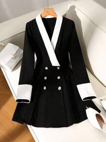Franclia 女士优雅撞色领腰部纽扣装饰A字长袖连衣裙，秋冬季大学女生服装 - 黑色 - 查看 5