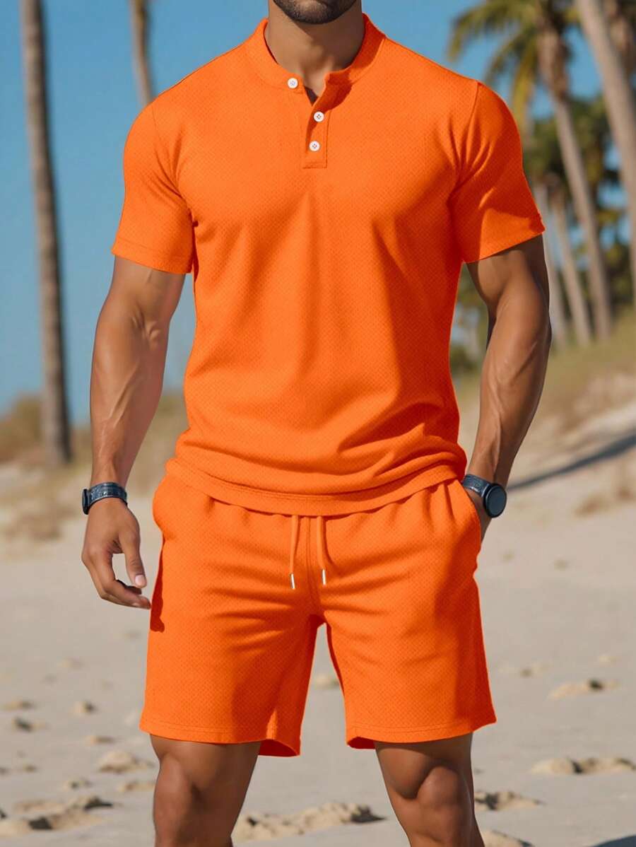 Manfinity Dauomo Conjunto de camisa polo de manga corta de unicolor y shorts con cordón para hombre