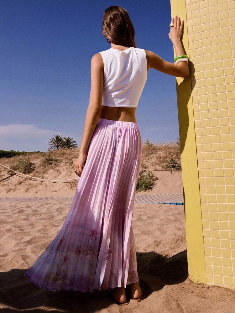 SHEIN Maija Women's Versatile Vacation Print Pleated Skirt, Loose Fitting Flared Elastic Waist Skirt, Comfortable Beach/Resort Wear, Suitable For All Seasons, Modern Vacation, Boho Chic Elegant Ibiza Style All-Match Summer For All Seasons, Modern Holiday Fashion Design, Comfortable Beach Beach, Bohemian Style