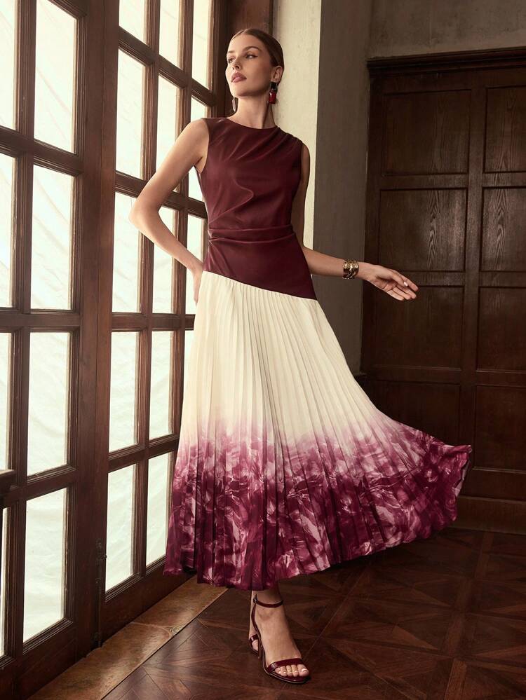 ZEYLAH Sleeveless Round Neck Patchwork Cinched Waist Printed Dress, Early Autumn