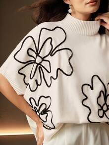 Anewsta Áo len dệt kim thêu hoa cổ đứng tay cánh dơi cho nữ - trắng - Xem 3