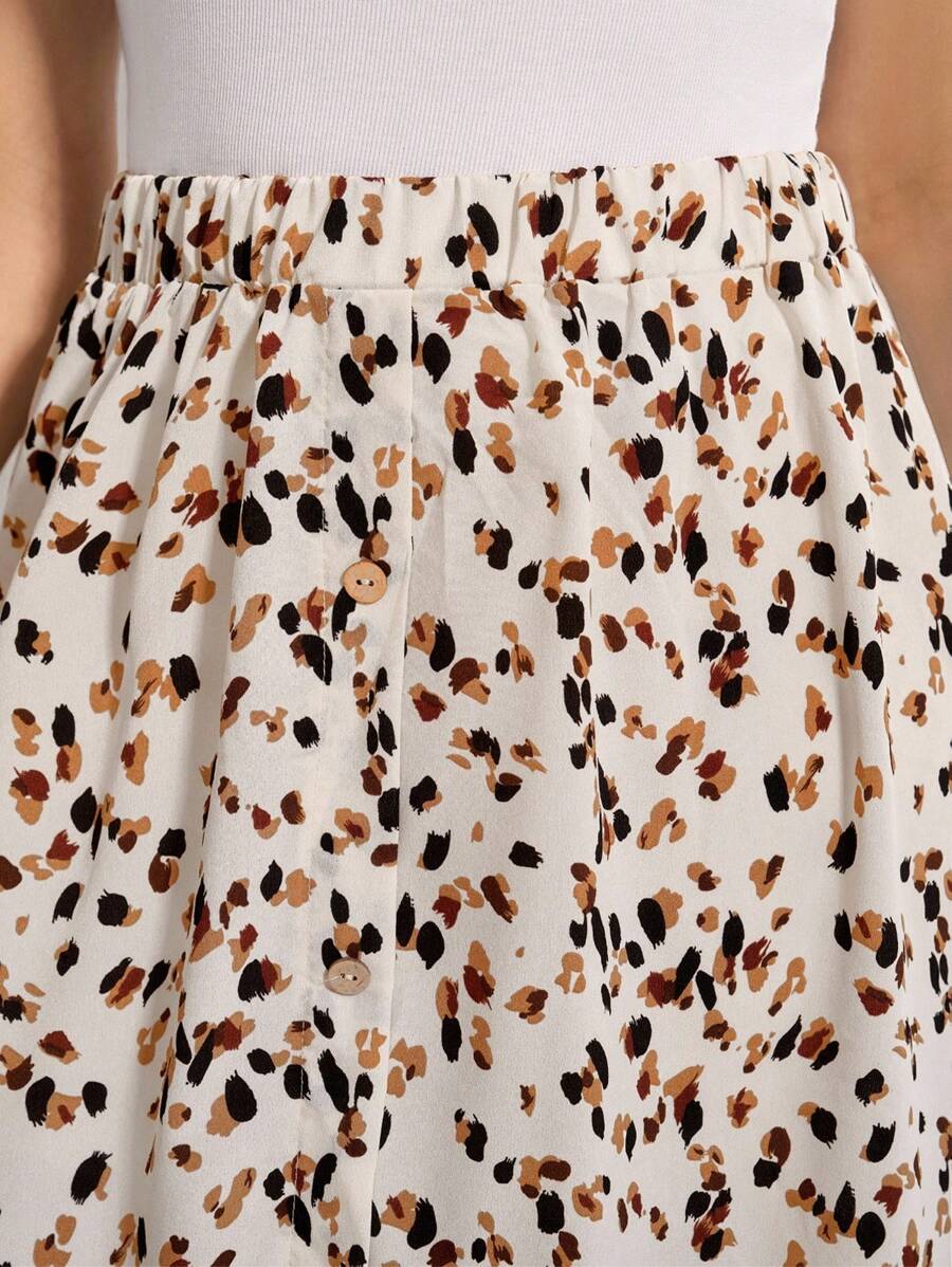 Comfylo Ropa de verano Falda larga con estampado de leopardo y decoración de botón central frontal para mujeres de talla grande, ropa de verano