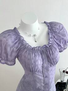Elamini White Eyelet Embroidery Elegant Waist-Cinching Short Sleeve Blouse, Suitable For Summer - Purple - View 1
