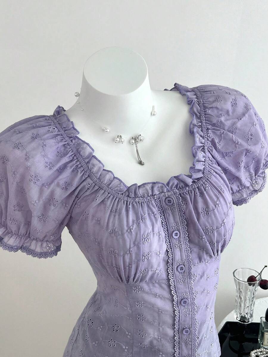 Elamini White Eyelet Embroidery Elegant Waist-Cinching Short Sleeve Blouse, Suitable For Summer - Purple - View 1
